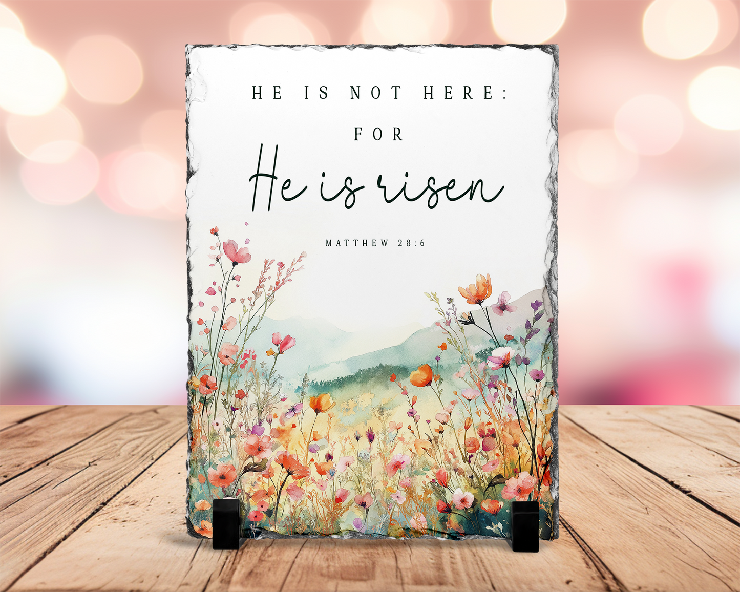 Religious Photo Slate with Stand, Easter Gift, Matthew 28.6 Verse, Inspirational Gift, Biblical Quote, Unique Gift for Mom, Tabletop Display