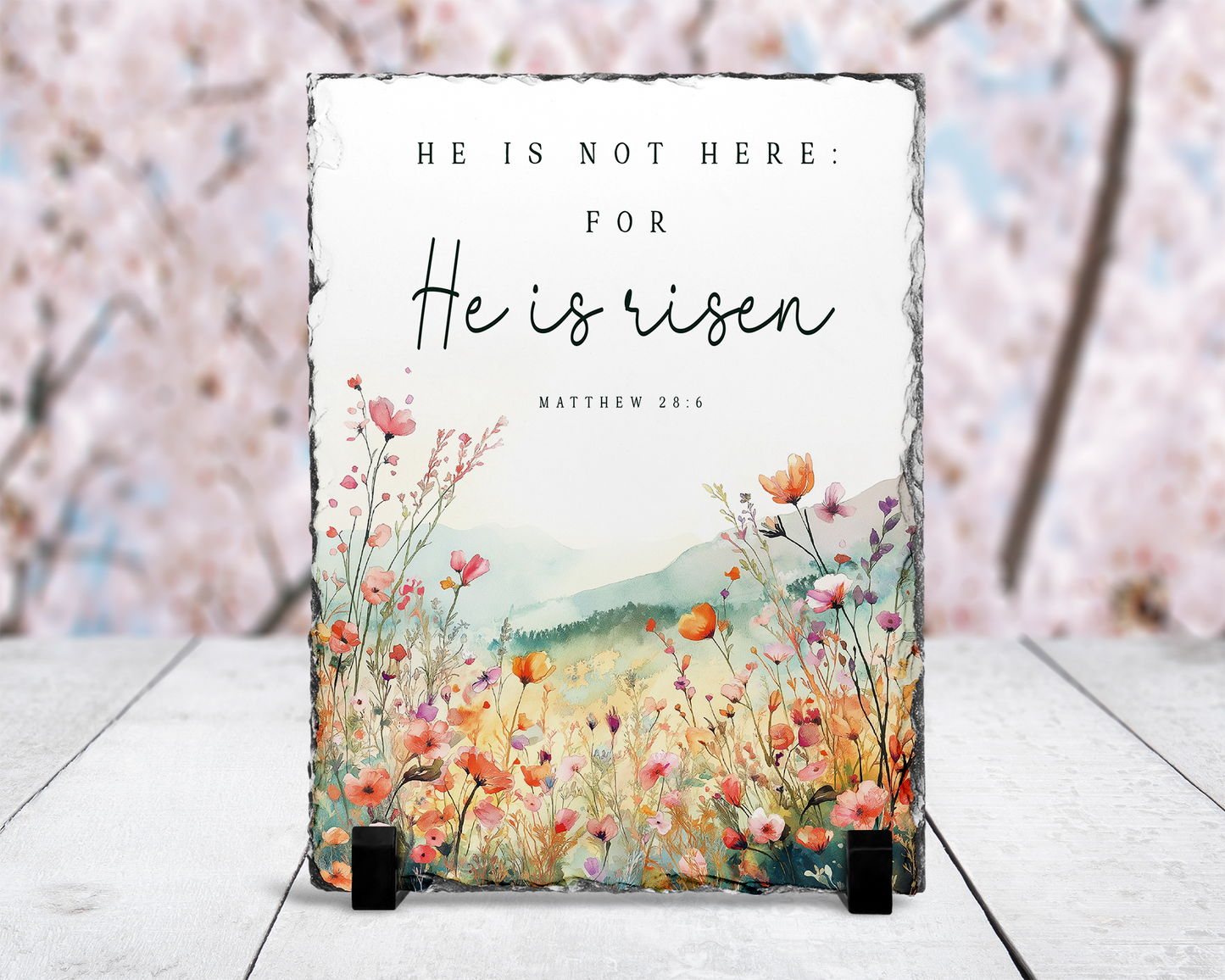 Religious Photo Slate with Stand, Easter Gift, Matthew 28.6 Verse, Inspirational Gift, Biblical Quote, Unique Gift for Mom, Tabletop Display