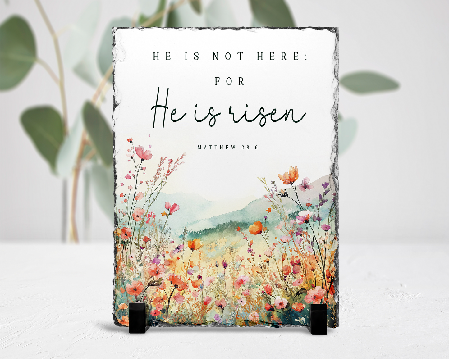 Religious Photo Slate with Stand, Easter Gift, Matthew 28.6 Verse, Inspirational Gift, Biblical Quote, Unique Gift for Mom, Tabletop Display
