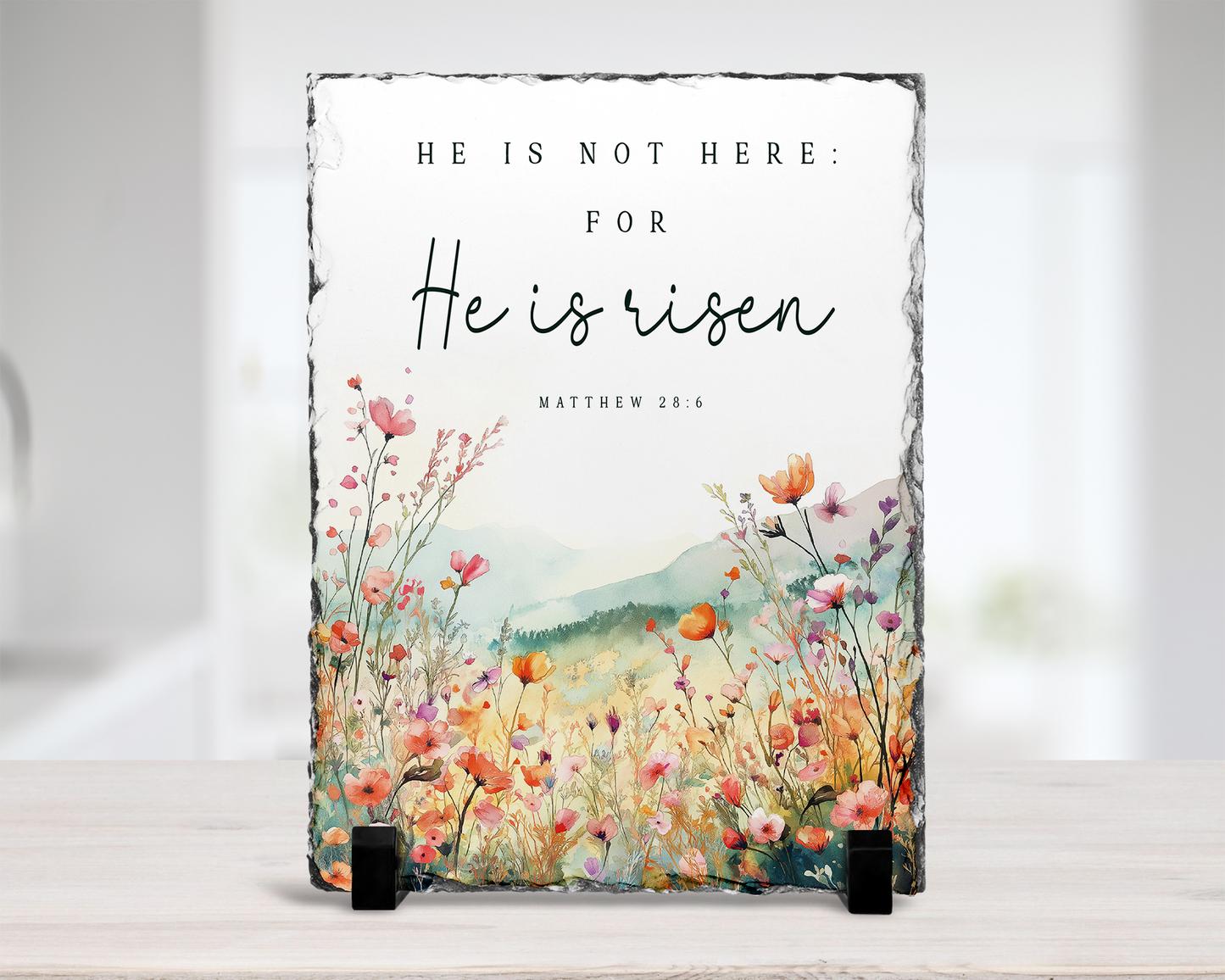 Religious Photo Slate with Stand, Easter Gift, Matthew 28.6 Verse, Inspirational Gift, Biblical Quote, Unique Gift for Mom, Tabletop Display