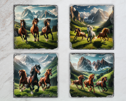 Rustic Slate Coaster Set with Horse and Mountain Scenes - Set of 4
