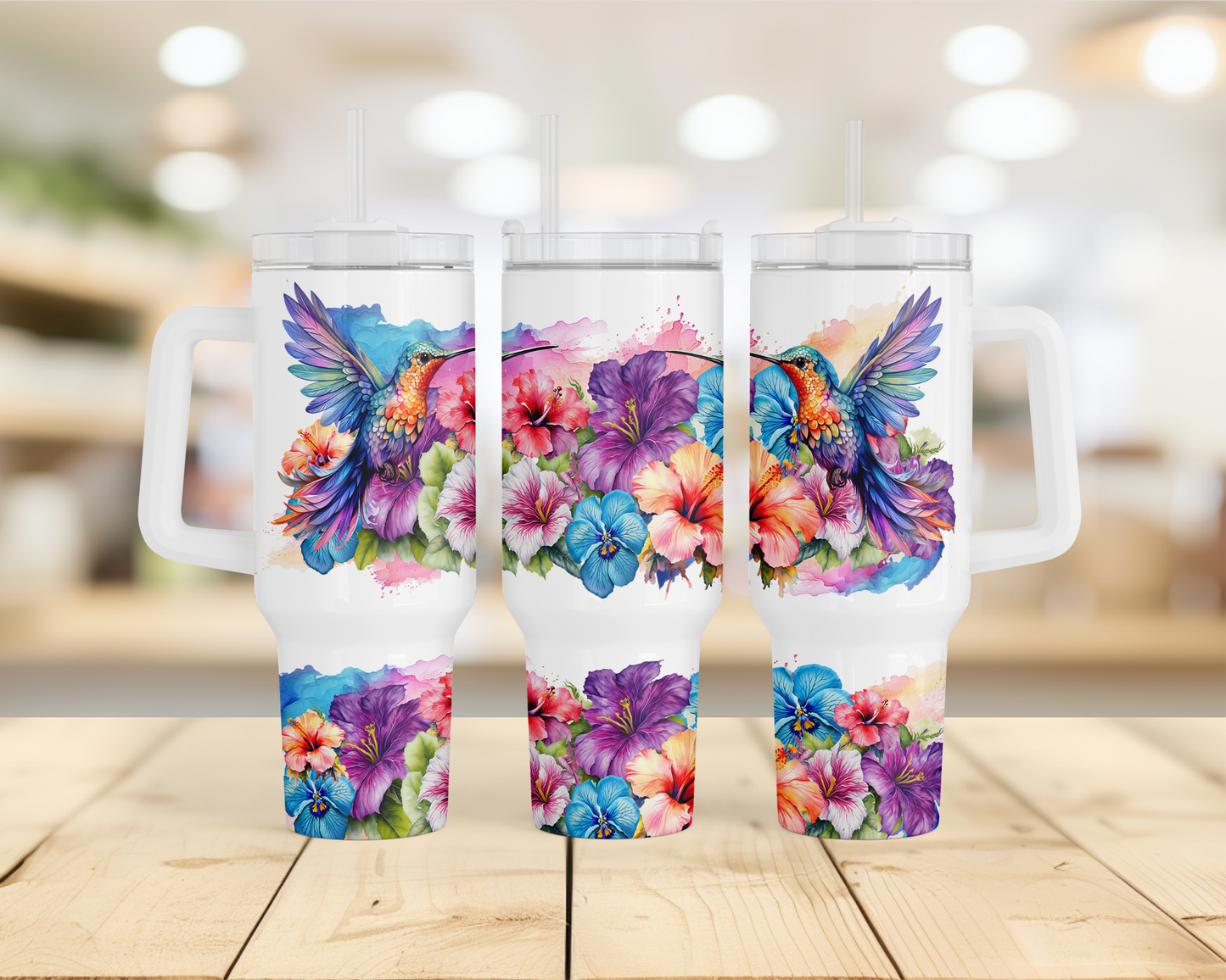 Vibrant Hummingbird and Tropical Flower Print on 40oz Stainless Steel Tumbler