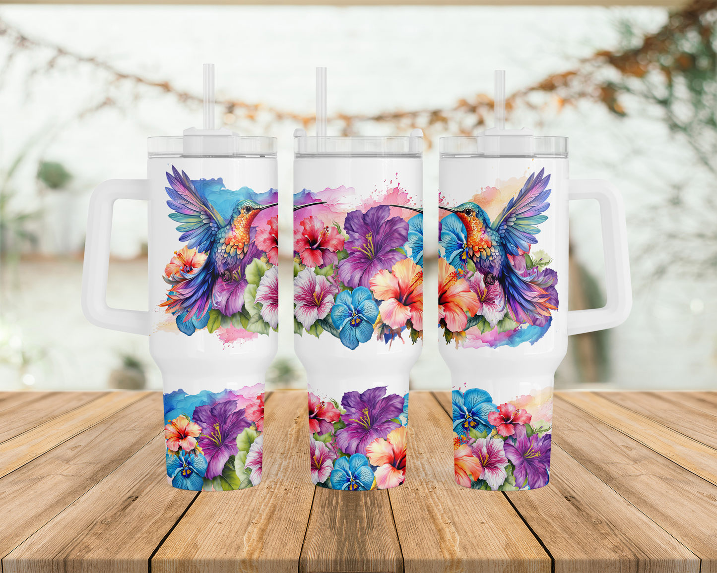 Vibrant Hummingbird and Tropical Flower Print on 40oz Stainless Steel Tumbler