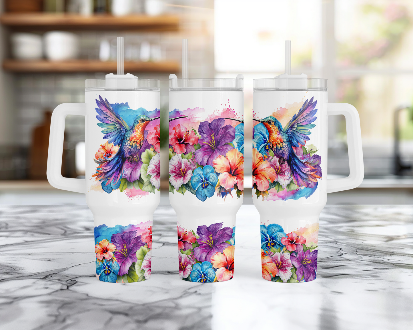 Vibrant Hummingbird and Tropical Flower Print on 40oz Stainless Steel Tumbler