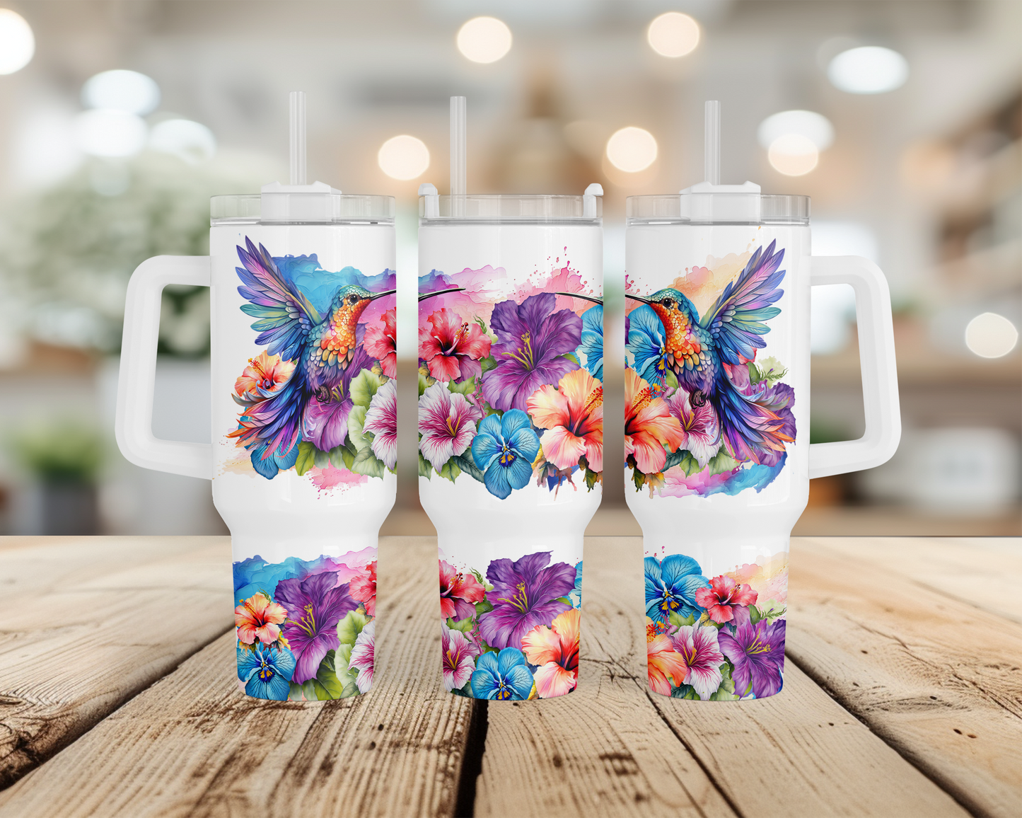 Vibrant Hummingbird and Tropical Flower Print on 40oz Stainless Steel Tumbler