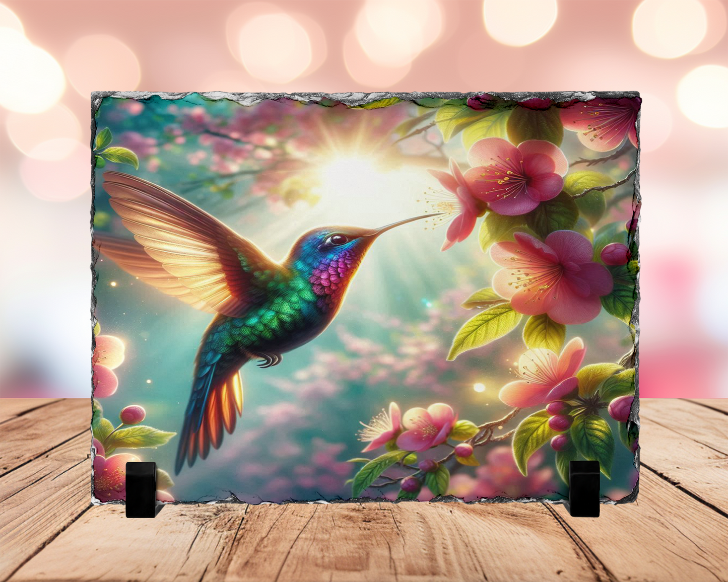 Hummingbird Photo Slate, Stand with Pink Flower and Sunlight