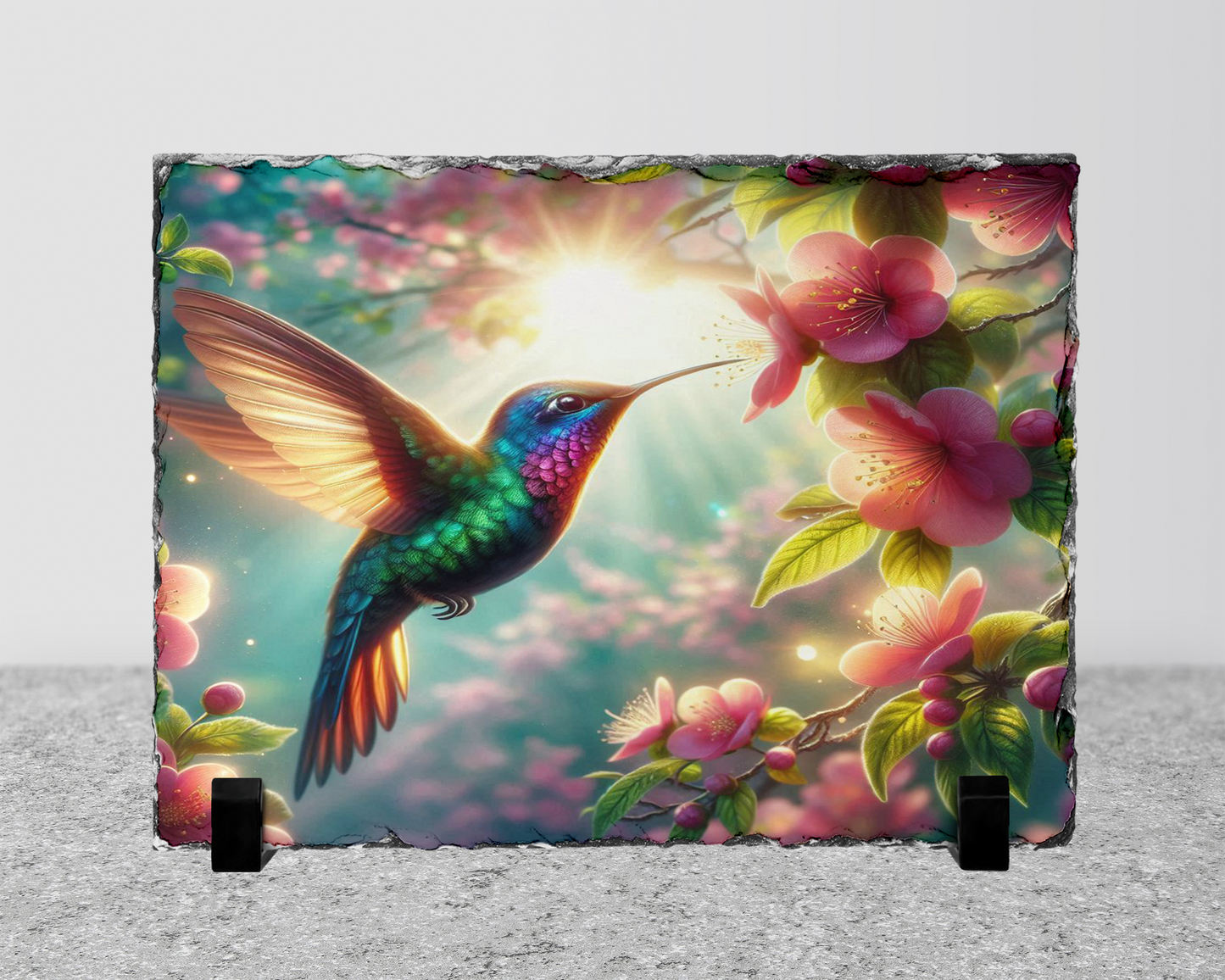 Hummingbird Photo Slate, Stand with Pink Flower and Sunlight