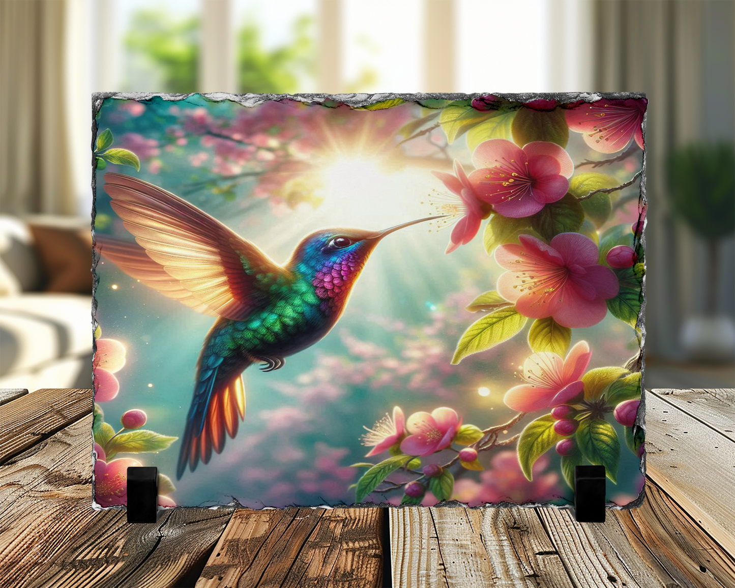 Hummingbird Photo Slate, Stand with Pink Flower and Sunlight