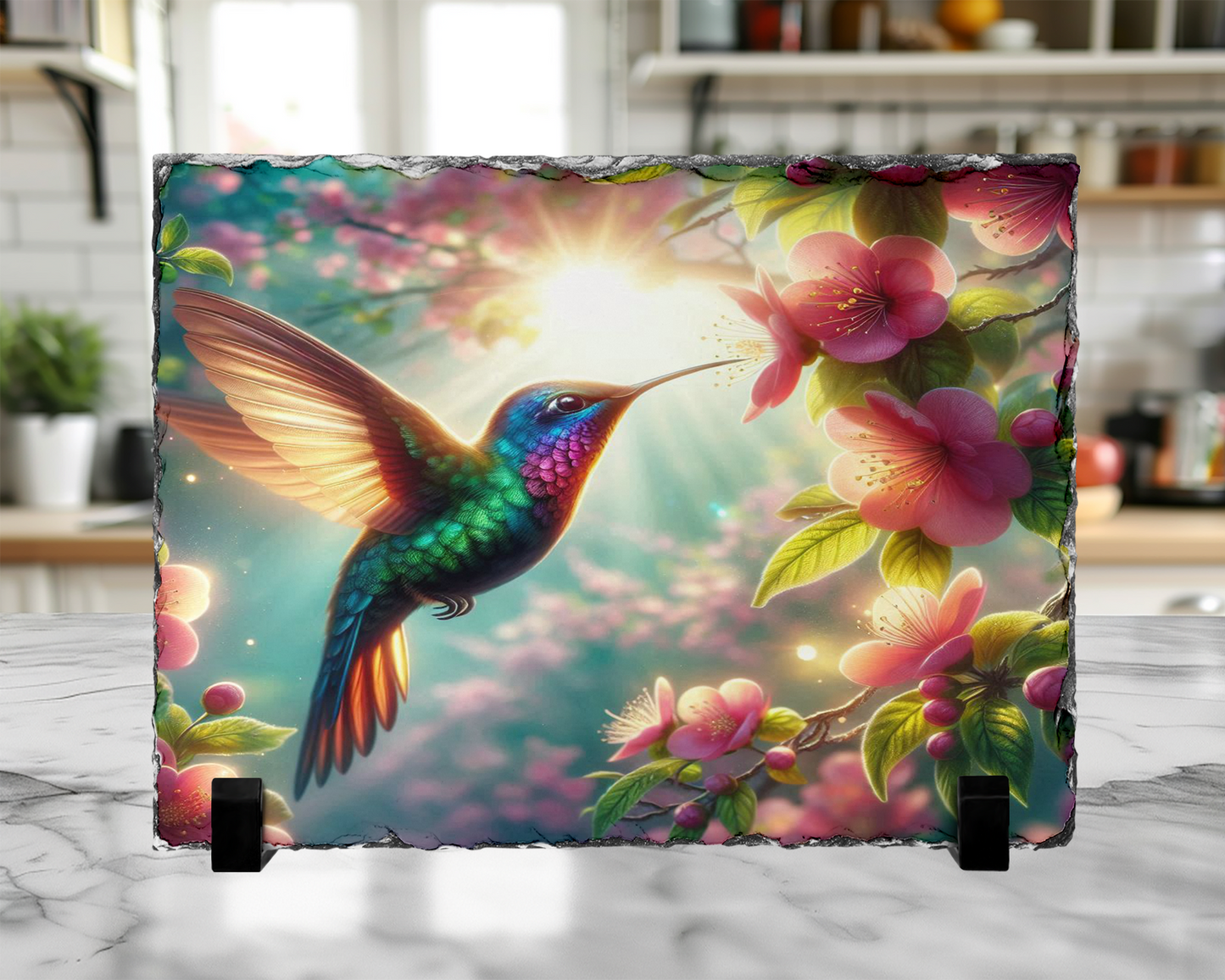 Hummingbird Photo Slate, Stand with Pink Flower and Sunlight