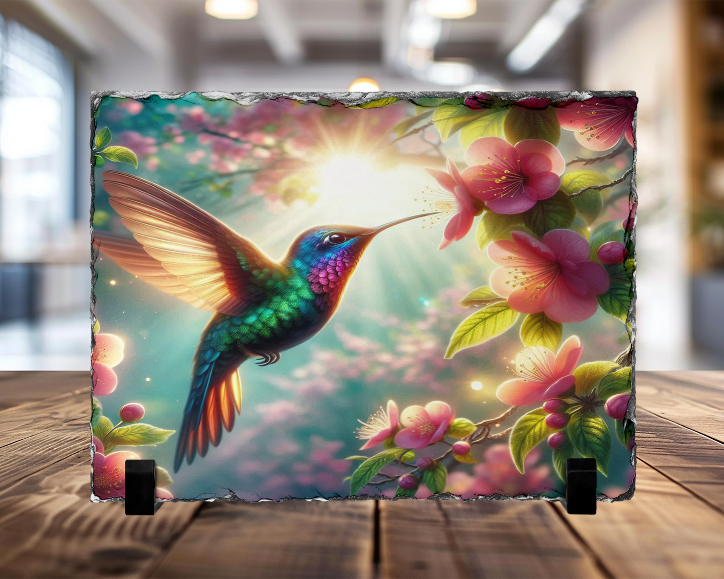 Hummingbird Photo Slate, Stand with Pink Flower and Sunlight