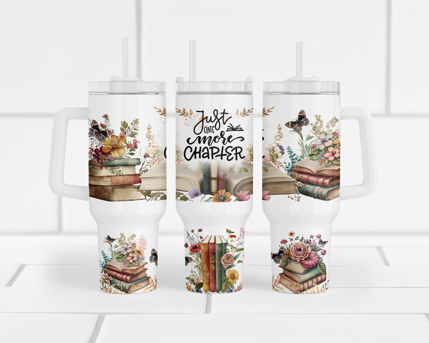 40oz Stainless Steel Tumbler with Glitter Finish - Just One More Chapter Design for Book Lovers Flowers Butterflies Unique Gift Idea