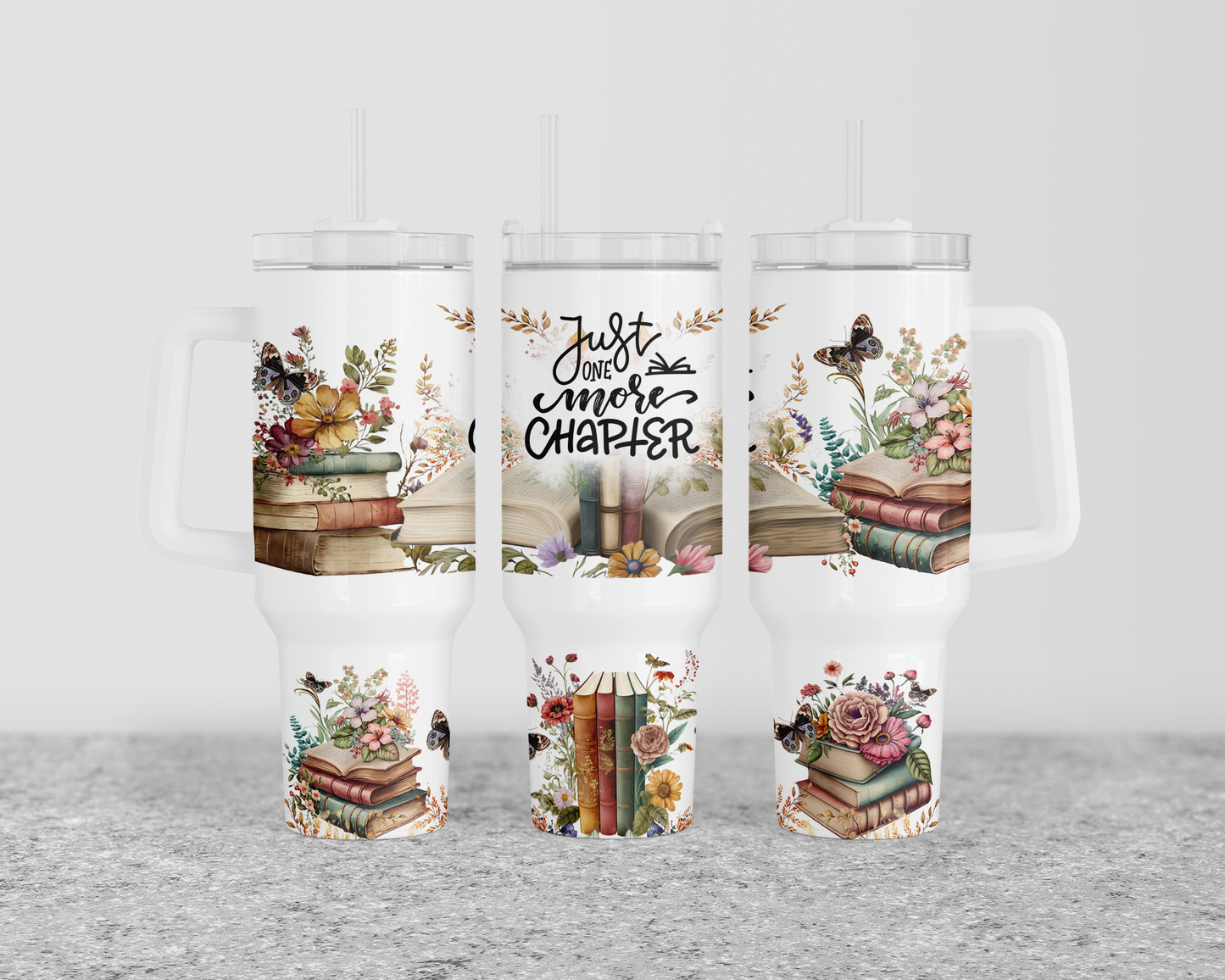 40oz Stainless Steel Tumbler with Glitter Finish - Just One More Chapter Design for Book Lovers Flowers Butterflies Unique Gift Idea