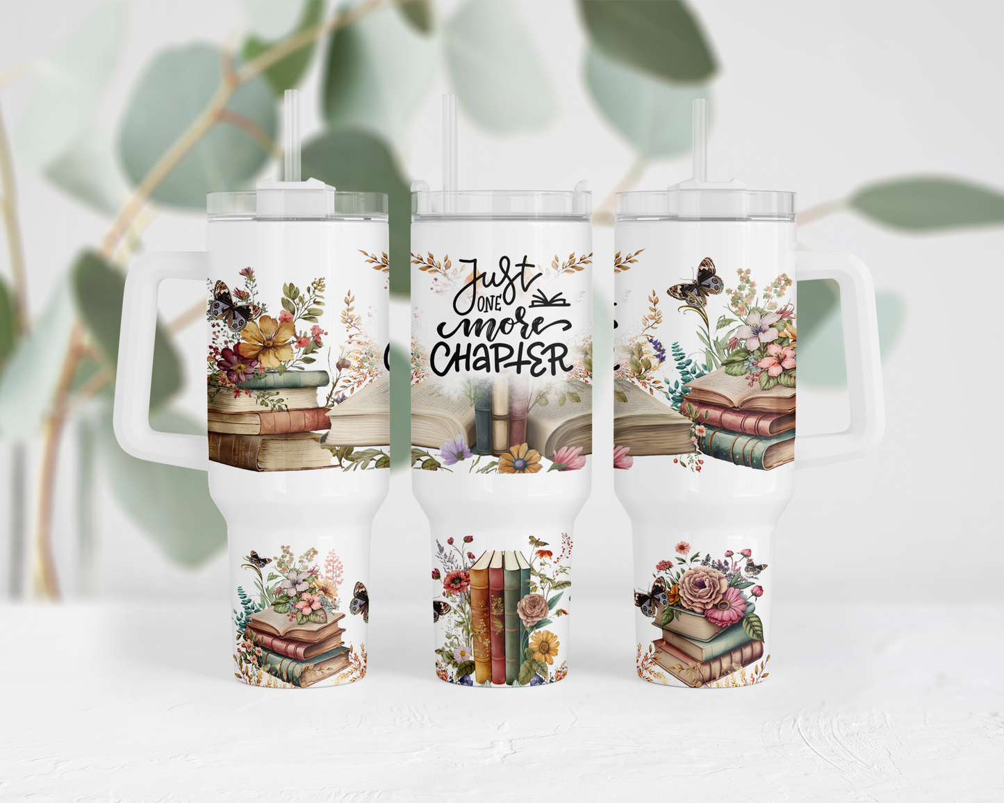 40oz Stainless Steel Tumbler with Glitter Finish - Just One More Chapter Design for Book Lovers Flowers Butterflies Unique Gift Idea