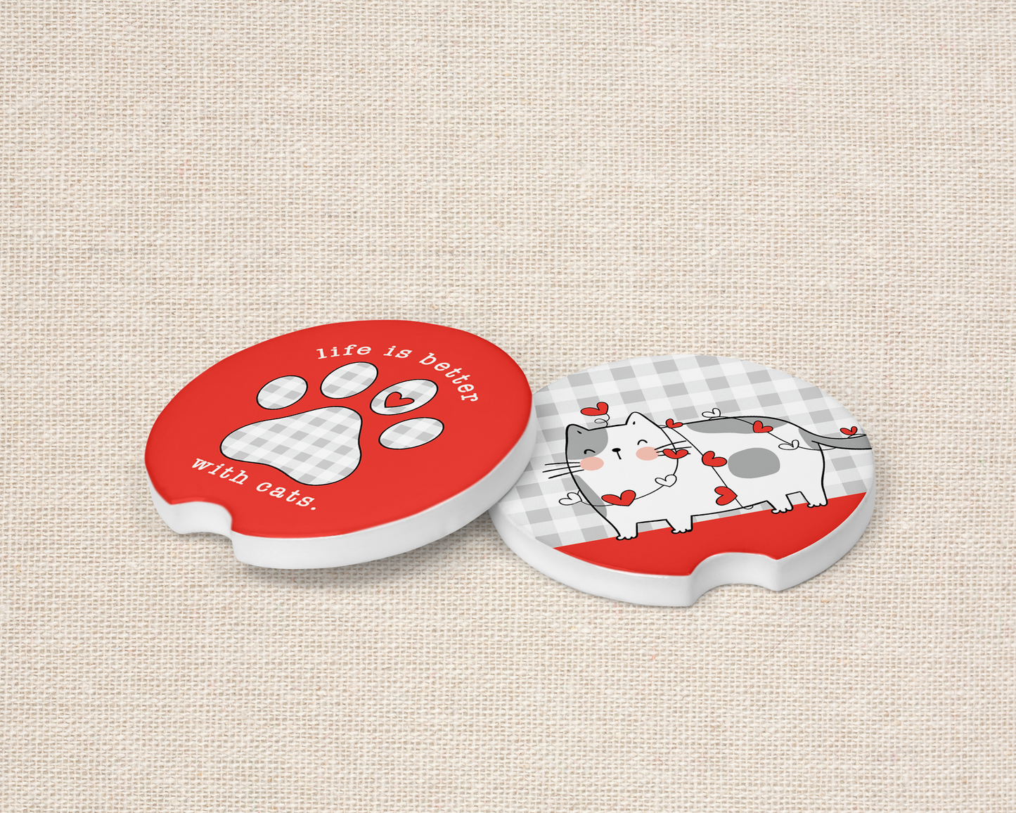 Car Coaster Set - Paw Print & Cat Theme - Life is Better with Cats