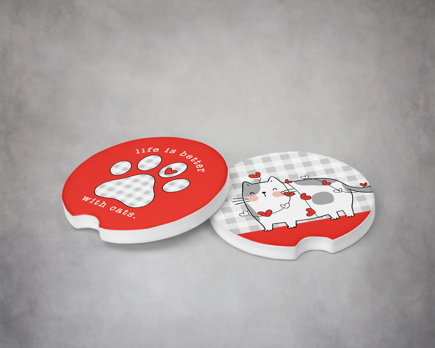 Cat Lover Car Coasters - 2 Piece Set with Paw Print and Heart Design