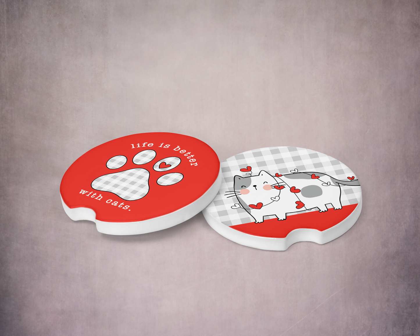 Cat Lover Car Coasters - 2 Piece Set with Paw Print and Heart Design