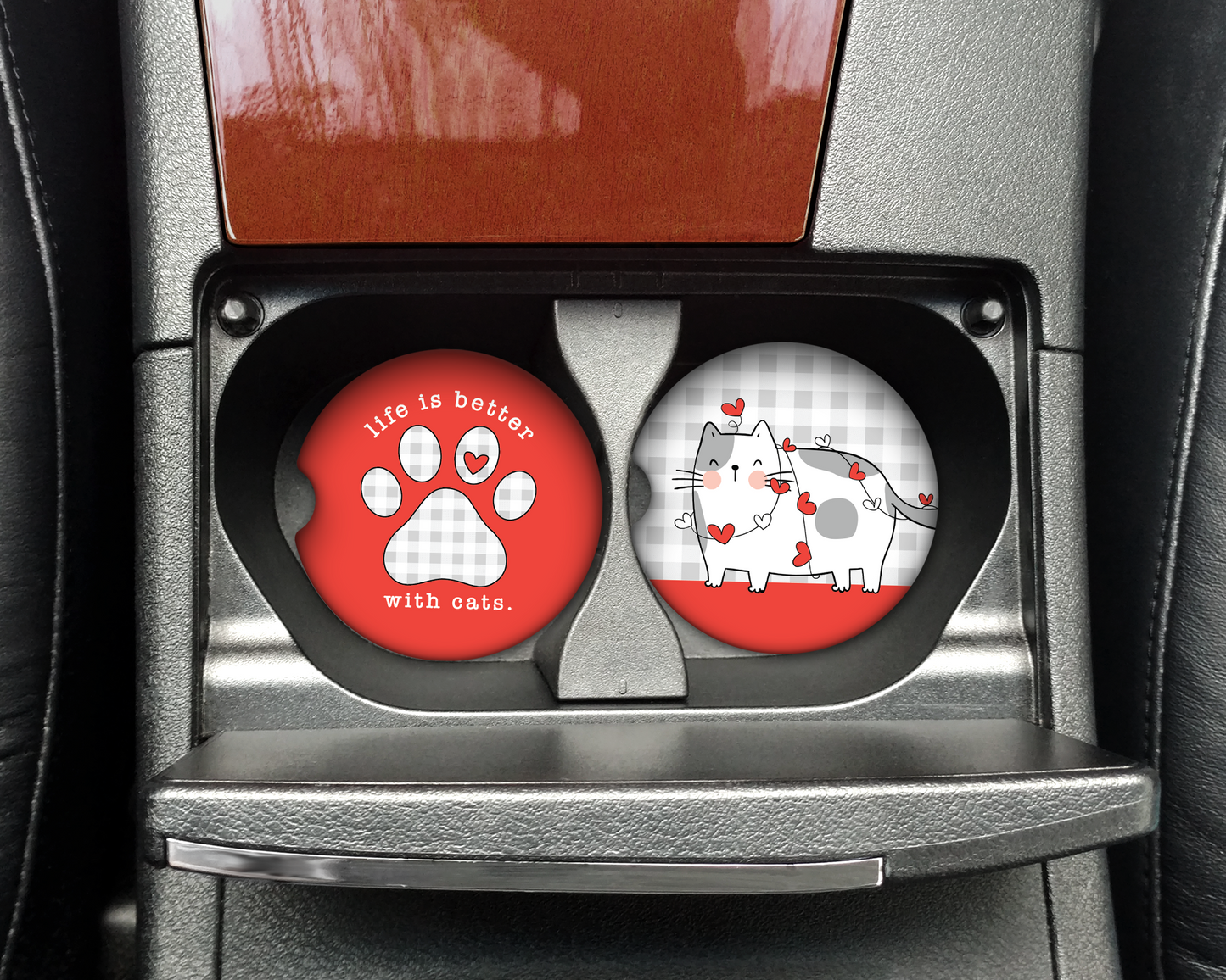 Cat Lover Car Coasters - 2 Piece Set with Paw Print and Heart Design