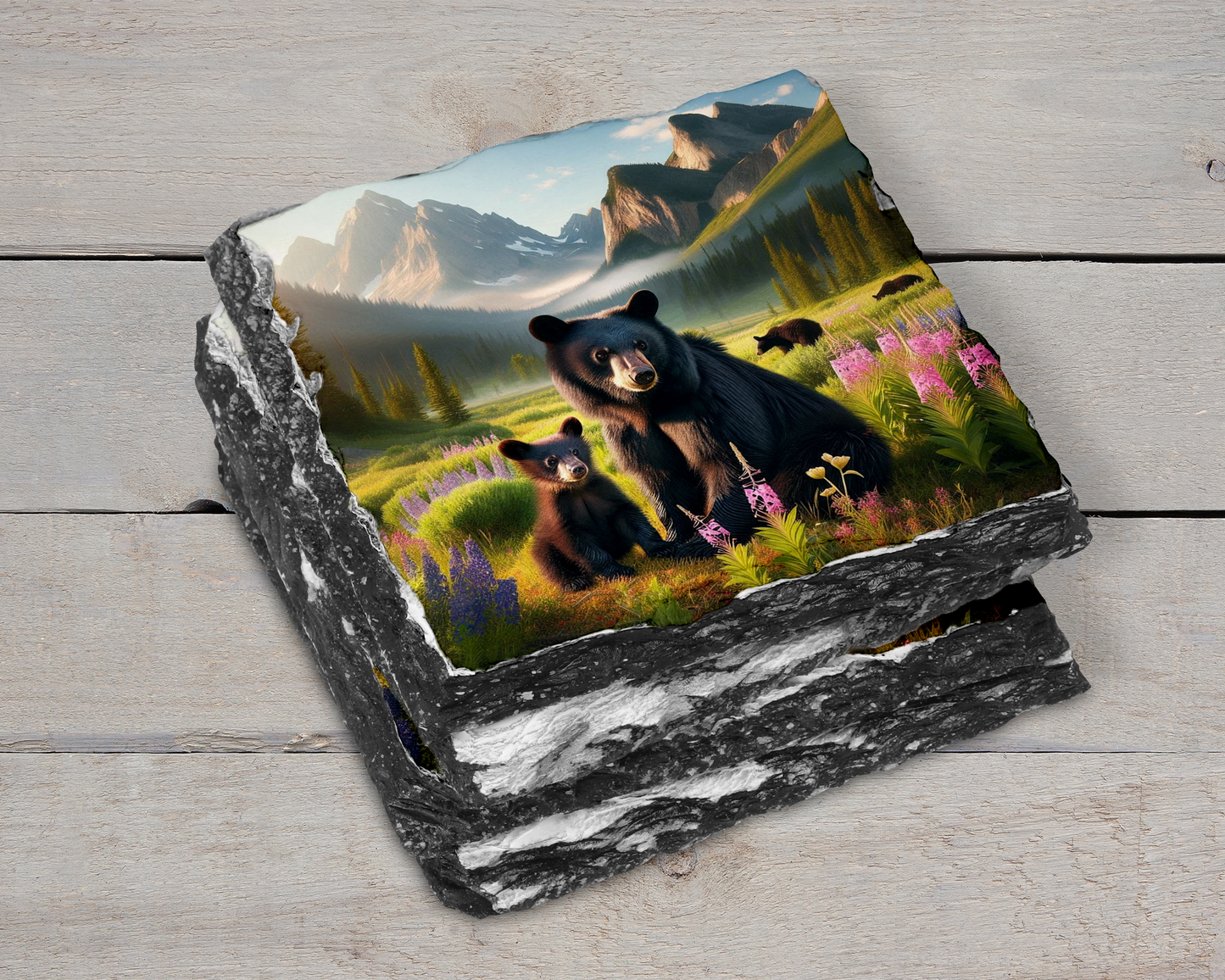 Unique Slate Coasters with Black Bear & Cub, Mountain Valley, Spring Flowers - Set of 4
