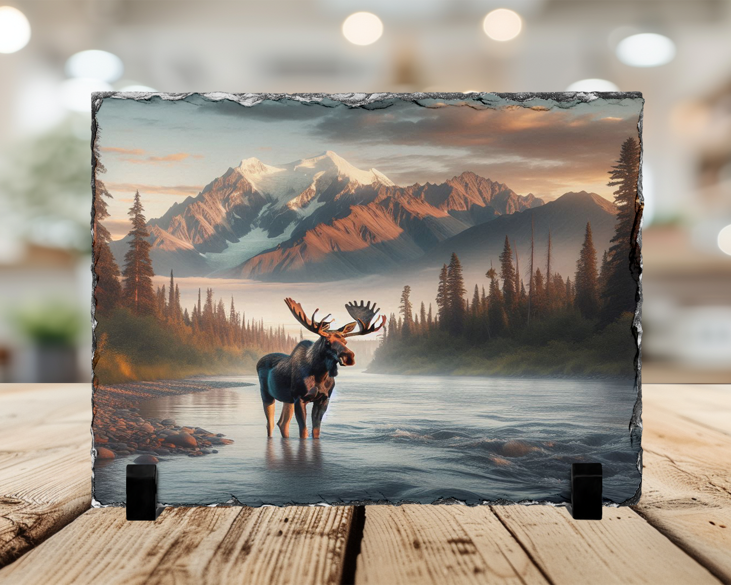 Moose in River Colorado Mountains Photo Slate, Rustic Home Decor
