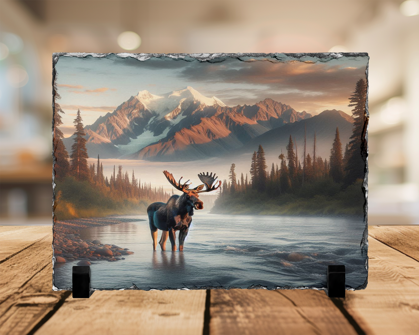 Moose in River Colorado Mountains Photo Slate, Rustic Home Decor