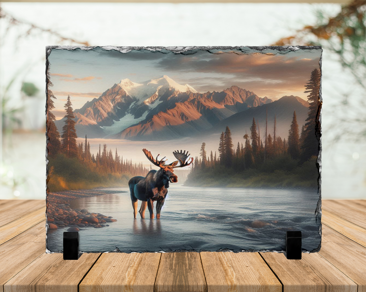 Moose in River Colorado Mountains Photo Slate, Rustic Home Decor