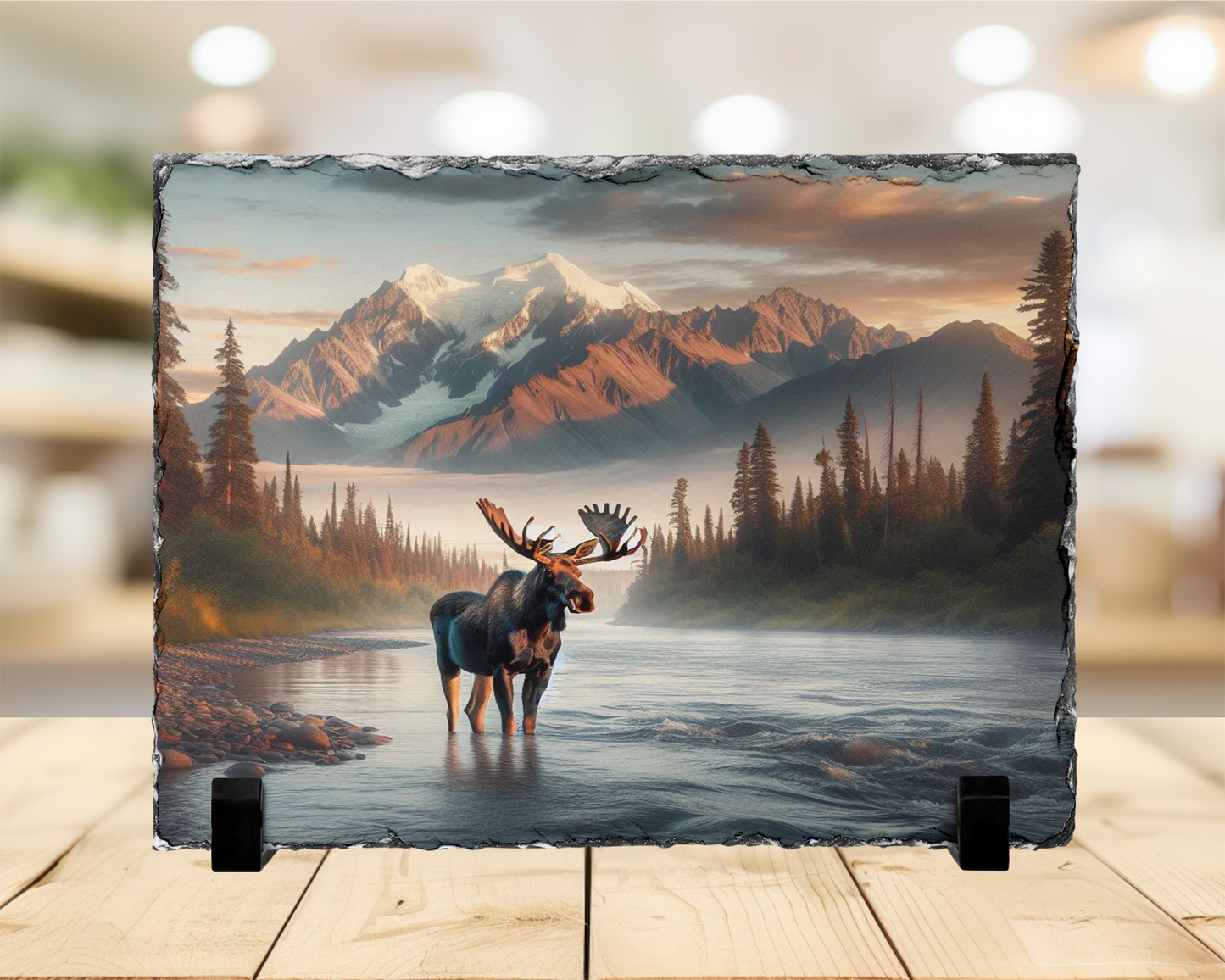 Moose in River Colorado Mountains Photo Slate, Rustic Home Decor