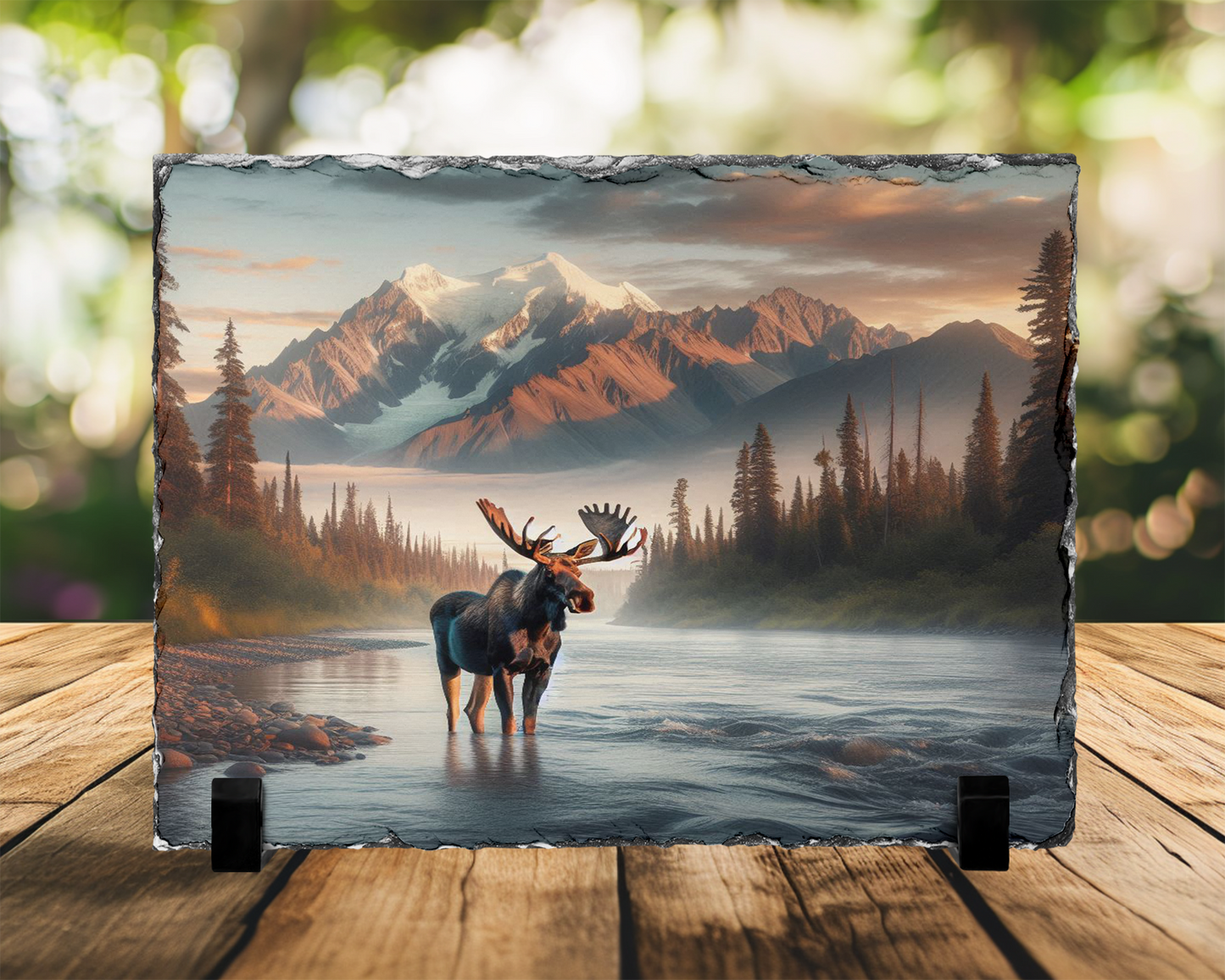 Moose in River Colorado Mountains Photo Slate, Rustic Home Decor