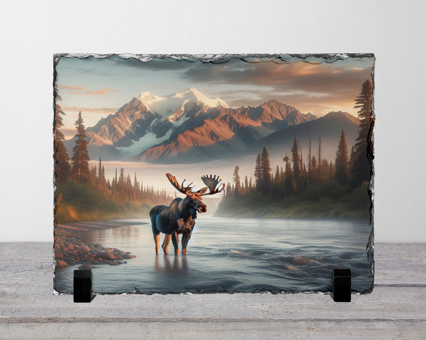 Moose in River Colorado Mountains Photo Slate, Rustic Home Decor