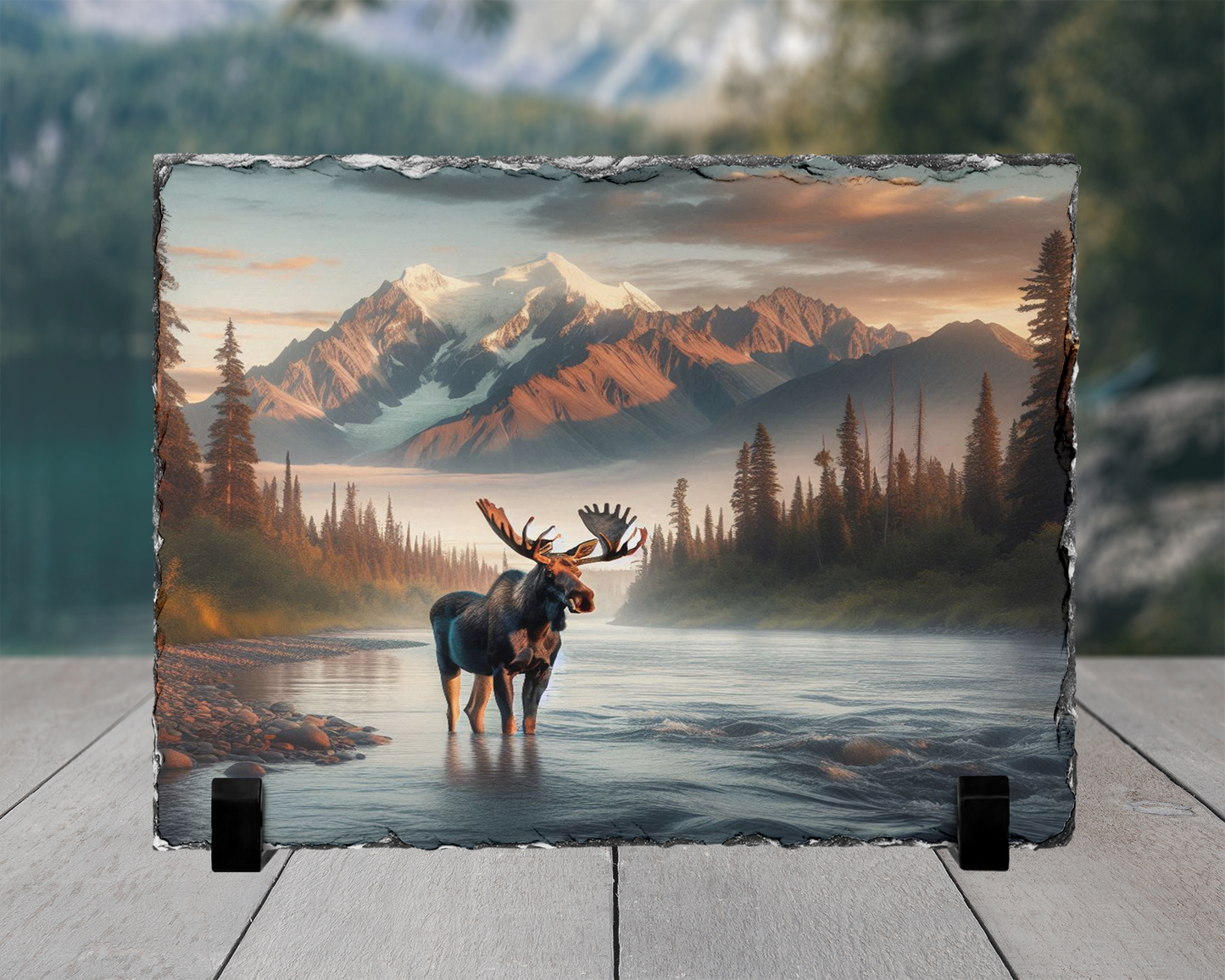 Moose in River Colorado Mountains Photo Slate, Rustic Home Decor