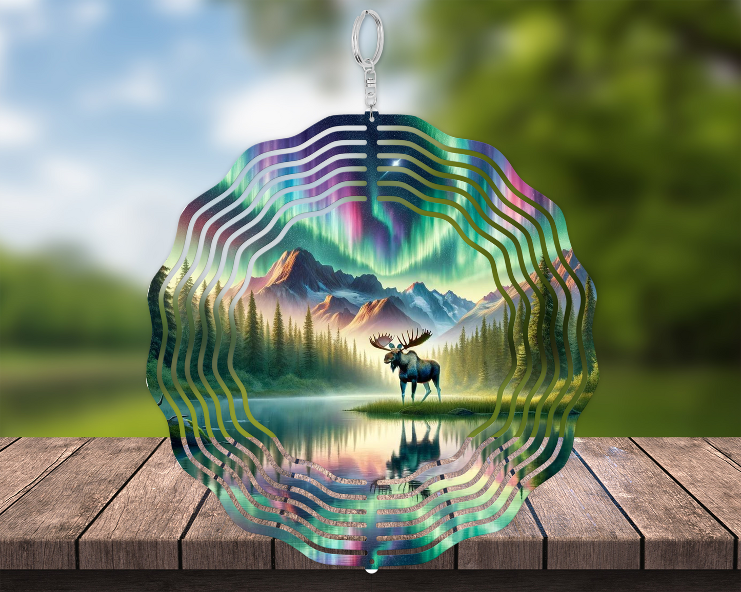 Moose Northern Lights Double-Sided Metal Wind Spinner for Yard or Porch - Unique Mothers Day Housewarming Gift