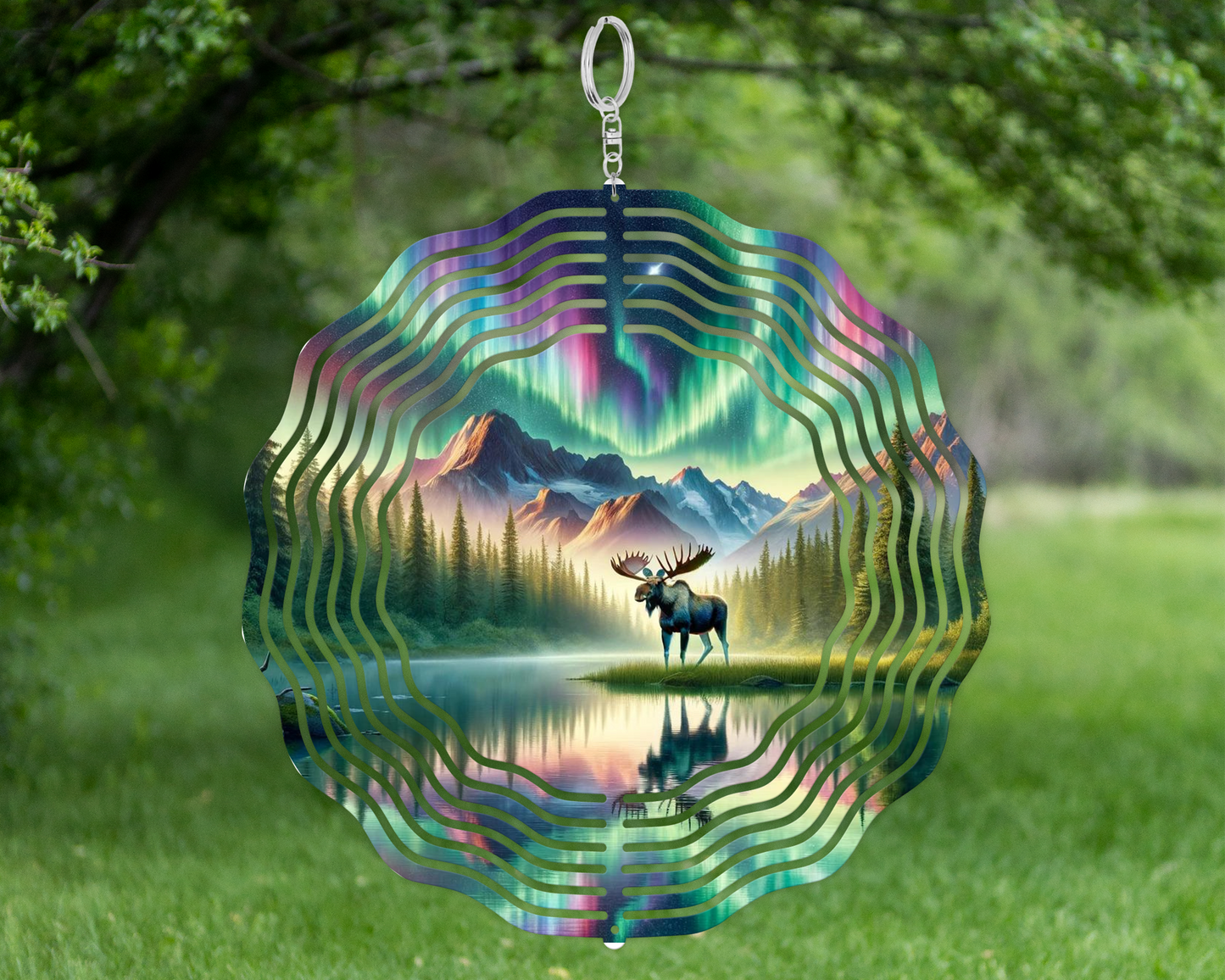 Moose Northern Lights Double-Sided Metal Wind Spinner for Yard or Porch - Unique Mothers Day Housewarming Gift