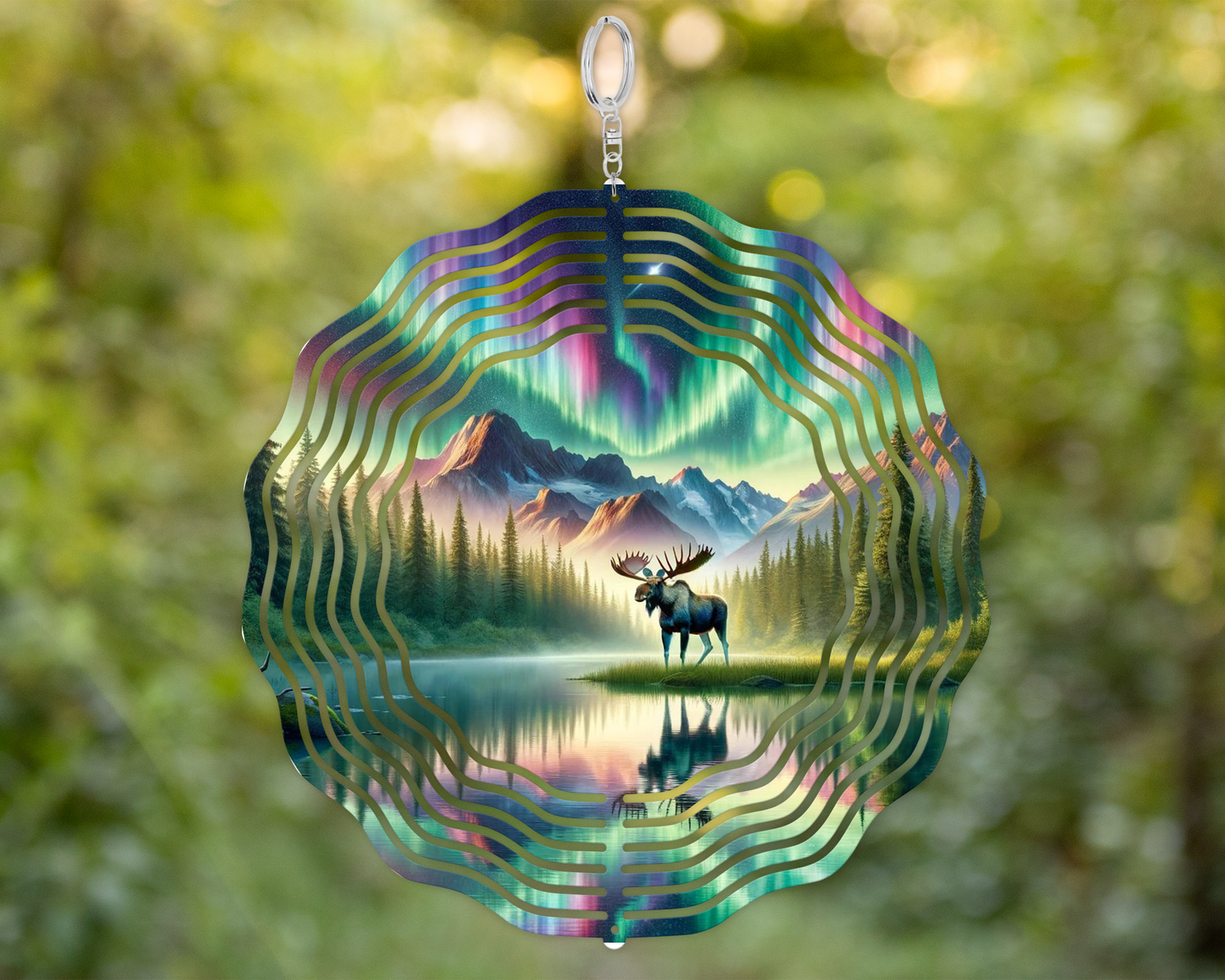 Moose Northern Lights Double-Sided Metal Wind Spinner for Yard or Porch - Unique Mothers Day Housewarming Gift