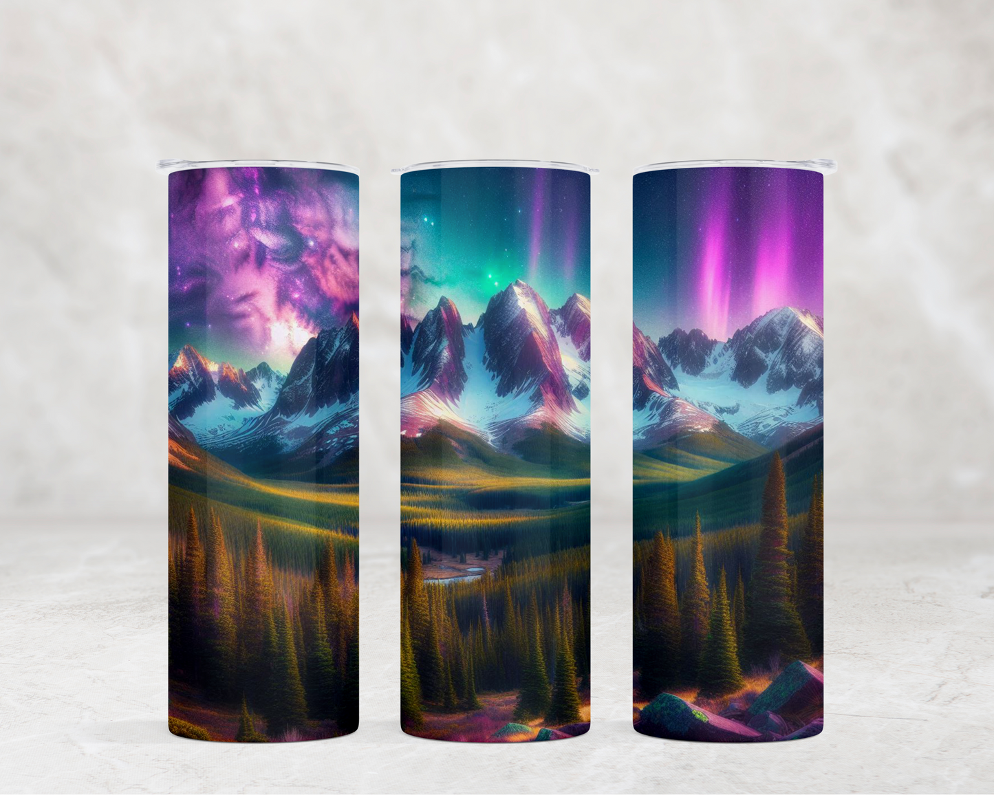 20 oz Dual Lid Water Bottle with Snow Capped Mountains and Northern Lights
