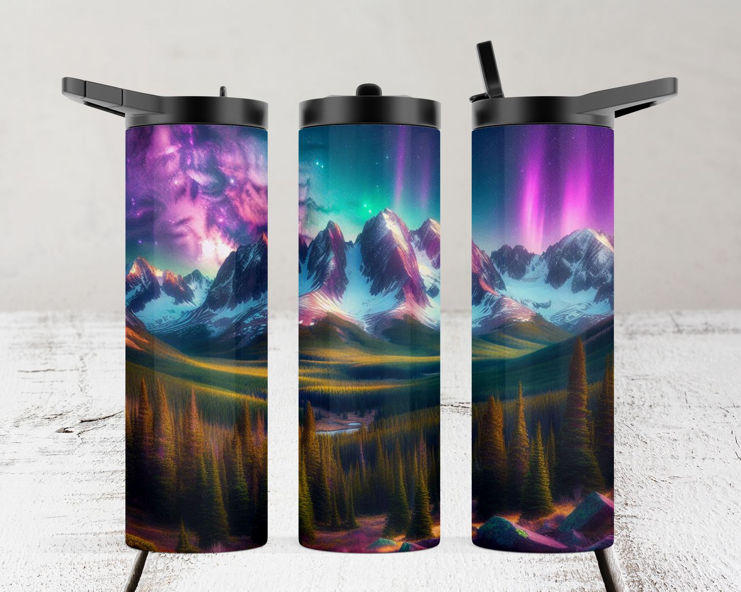 20 oz Dual Lid Water Bottle with Snow Capped Mountains and Northern Lights