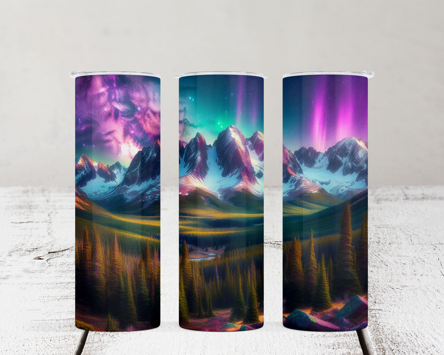 20 oz Dual Lid Water Bottle with Snow Capped Mountains and Northern Lights