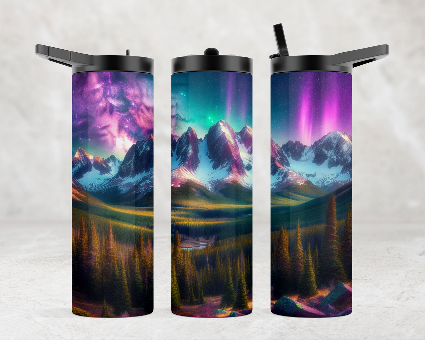 20 oz Dual Lid Water Bottle with Snow Capped Mountains and Northern Lights