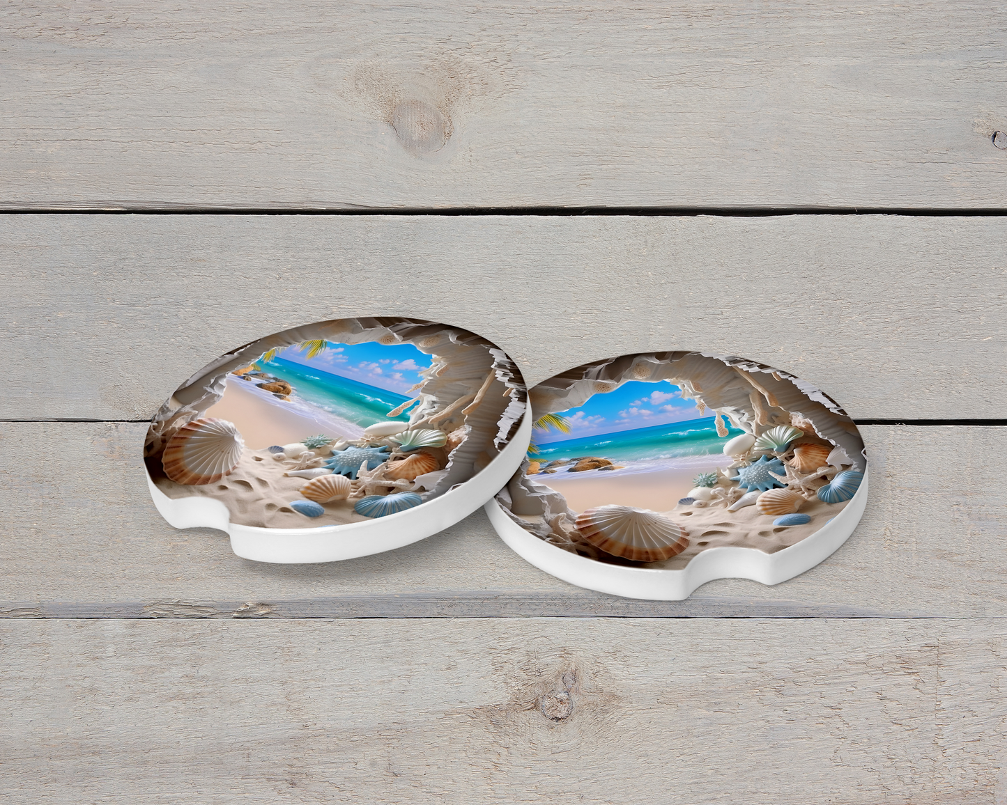 Coastal Car Coasters - Colorful Ceramic Set of 2 with Waves and Shells