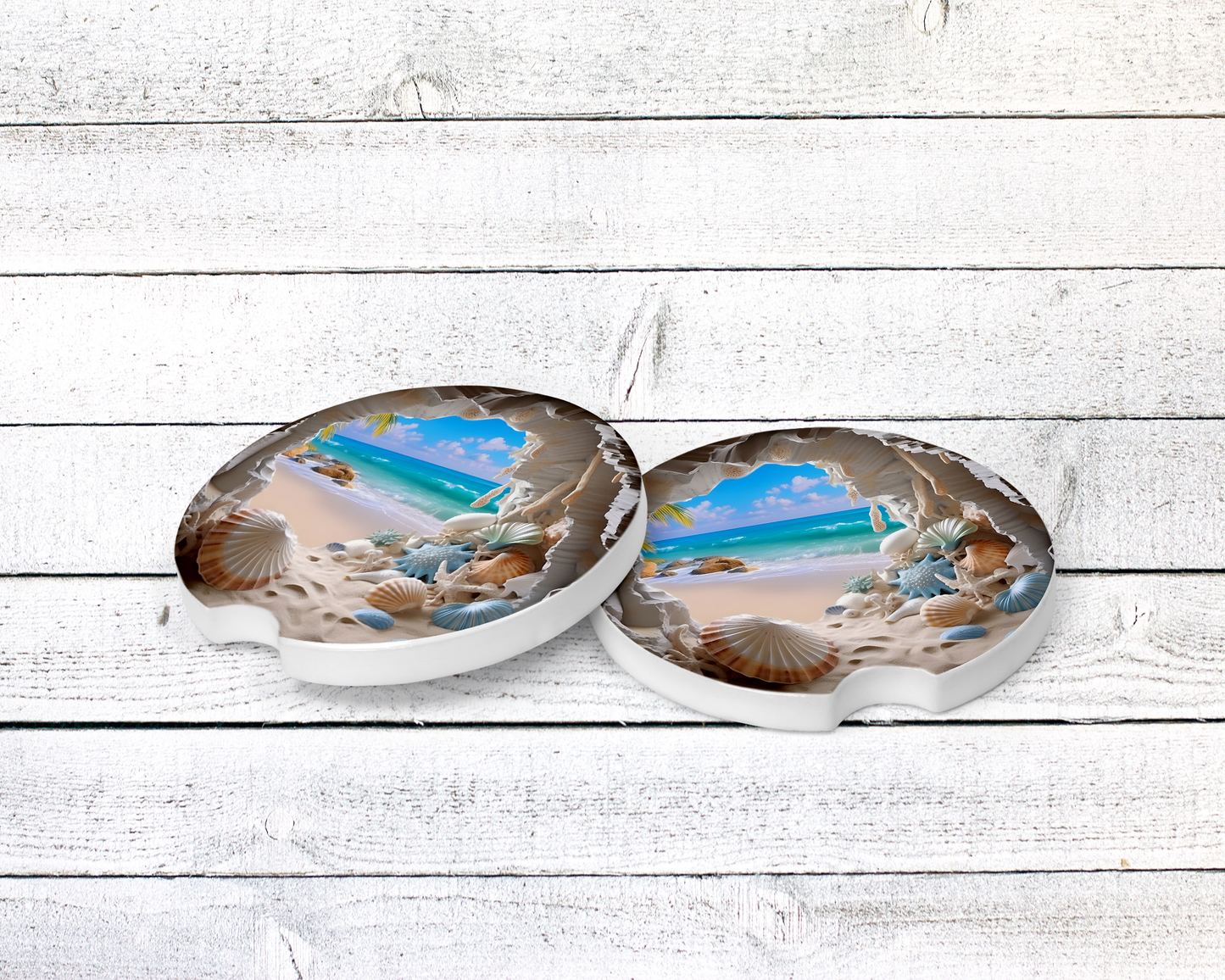 Coastal Car Coasters - Colorful Ceramic Set of 2 with Waves and Shells