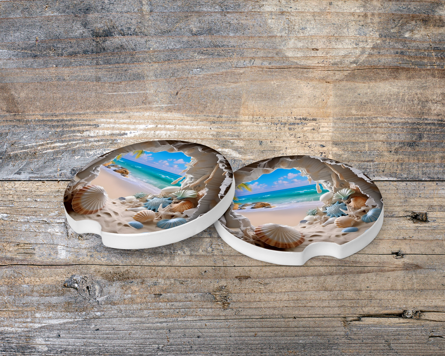 Coastal Car Coasters - Colorful Ceramic Set of 2 with Waves and Shells