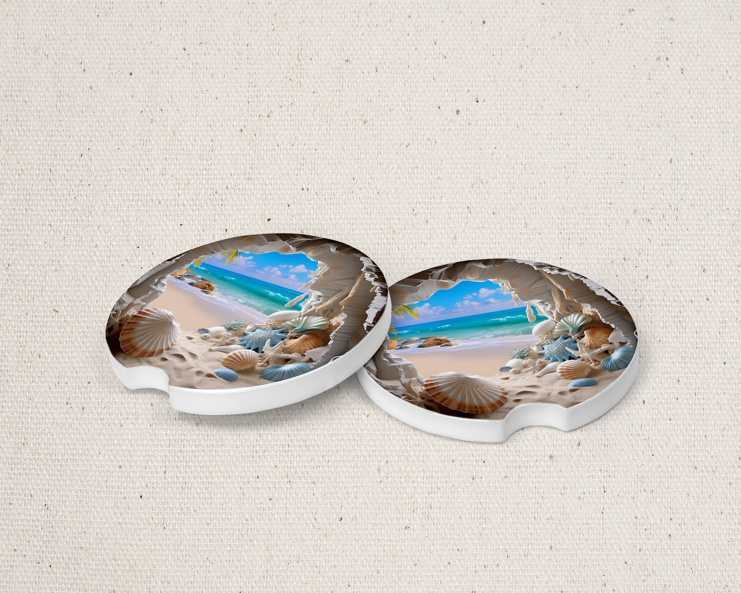 Coastal Car Coasters - Colorful Ceramic Set of 2 with Waves and Shells