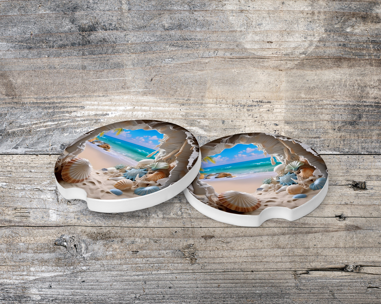 Relaxing Beach Scene Car Coasters - Set of 2 Colorful Ceramic Tiles