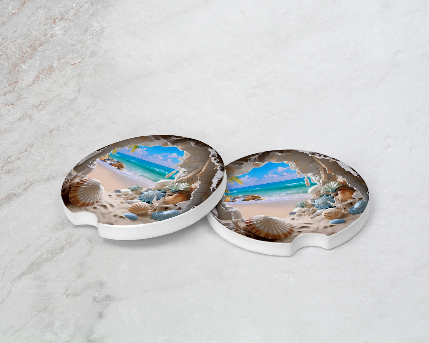 Relaxing Beach Scene Car Coasters - Set of 2 Colorful Ceramic Tiles