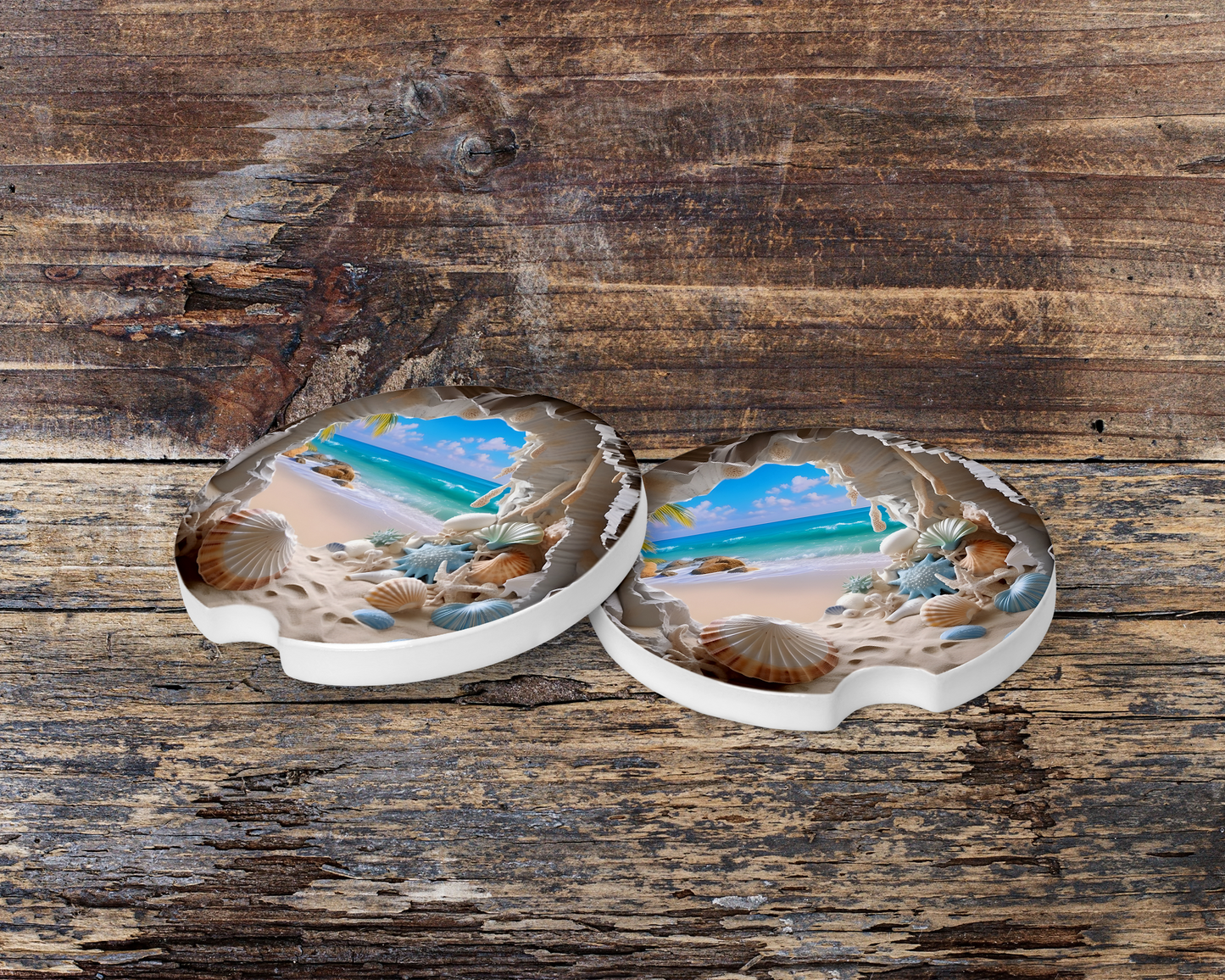 Relaxing Beach Scene Car Coasters - Set of 2 Colorful Ceramic Tiles