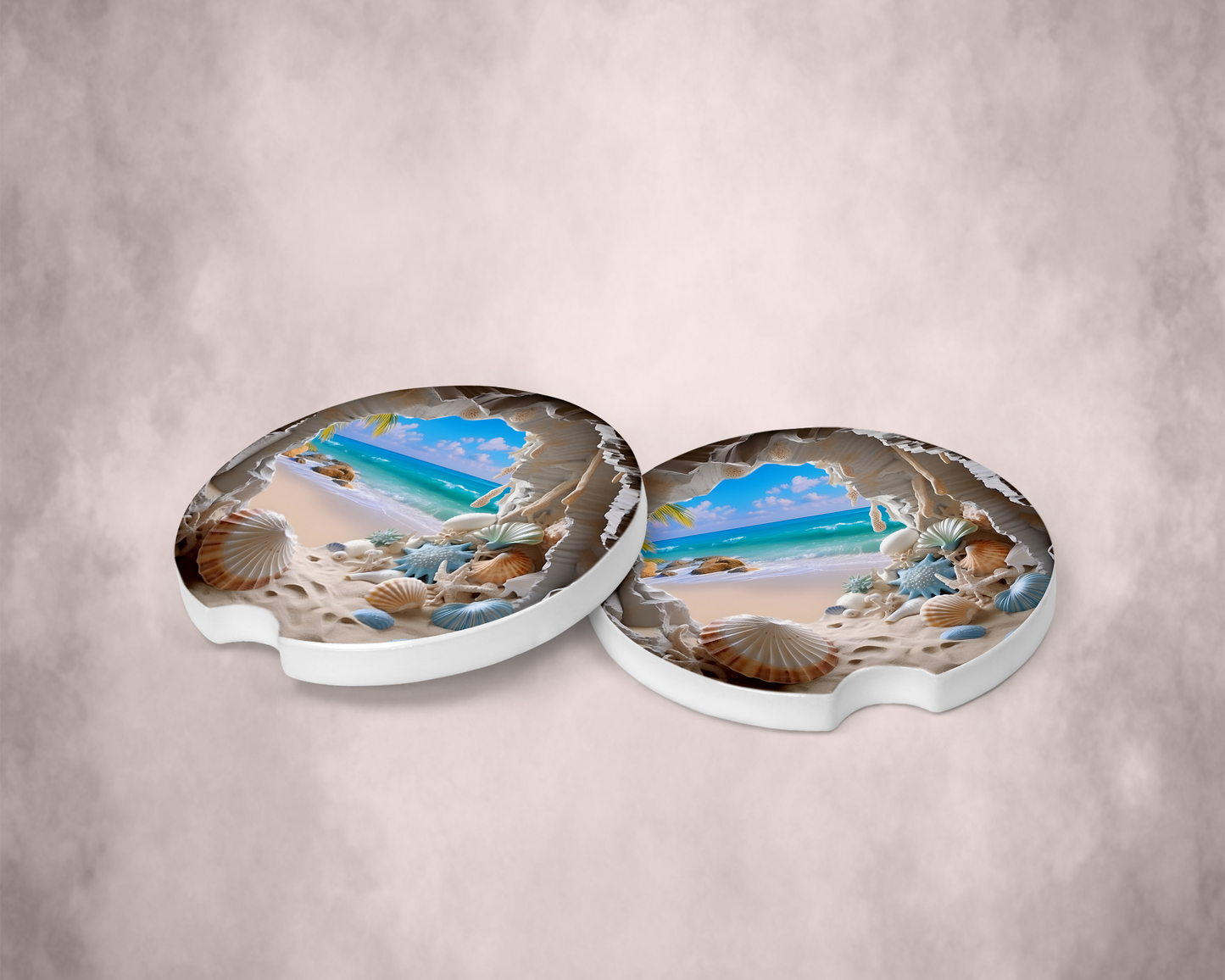 Relaxing Beach Scene Car Coasters - Set of 2 Colorful Ceramic Tiles