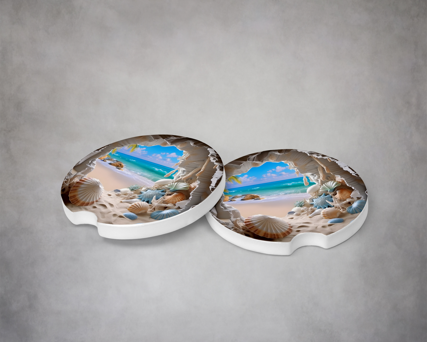 Relaxing Beach Scene Car Coasters - Set of 2 Colorful Ceramic Tiles