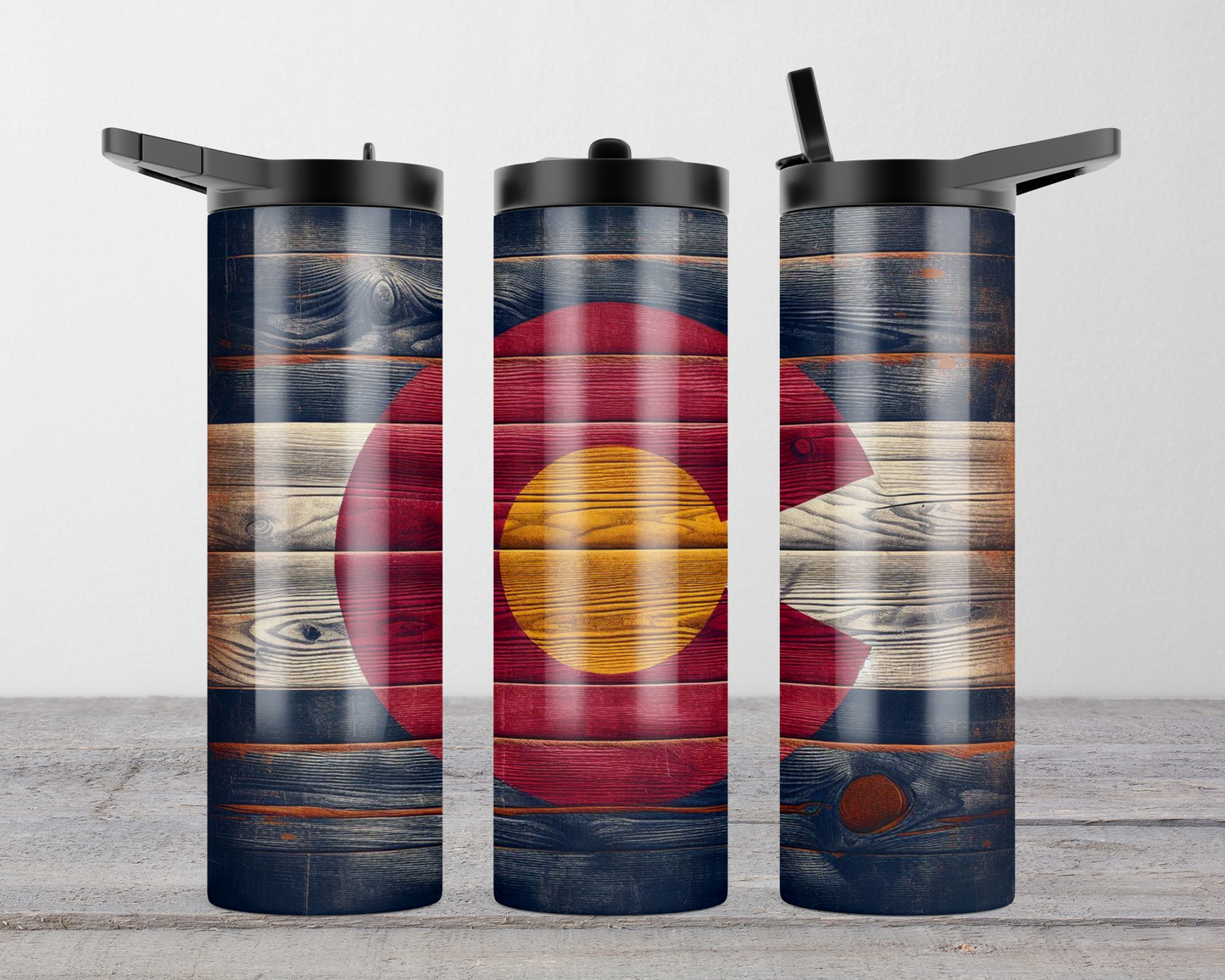 Rustic Wood Colorado Logo Tumbler 20 oz, Dual Lid Water Bottle Design