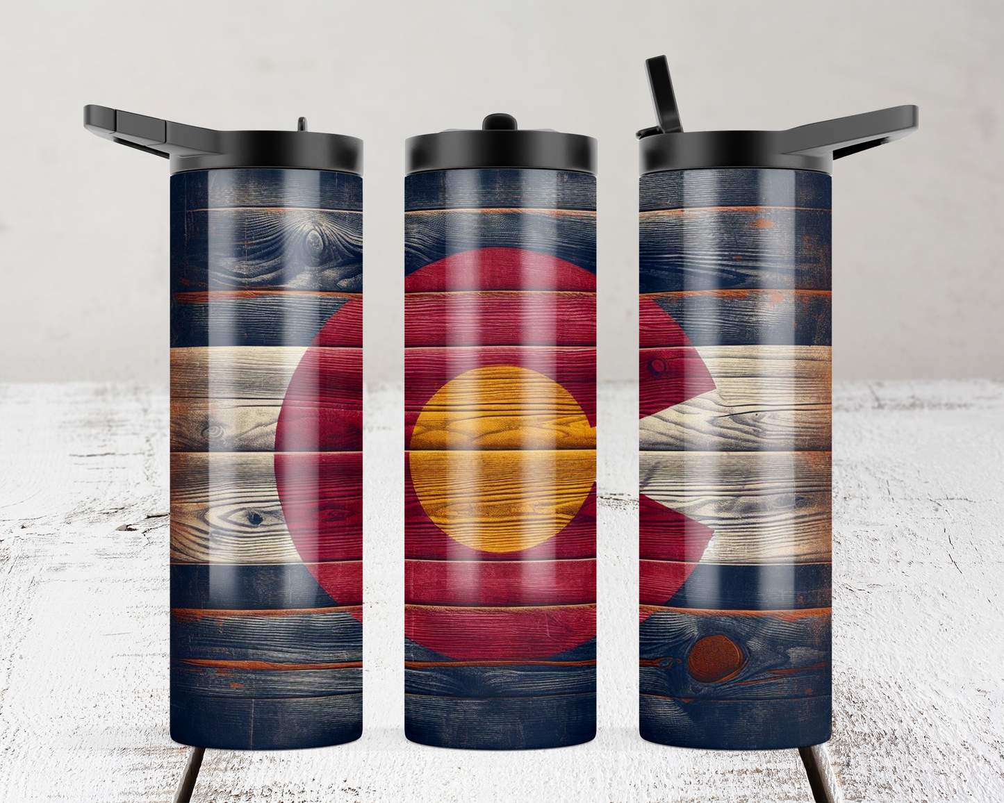 Rustic Wood Colorado Logo Tumbler 20 oz, Dual Lid Water Bottle Design