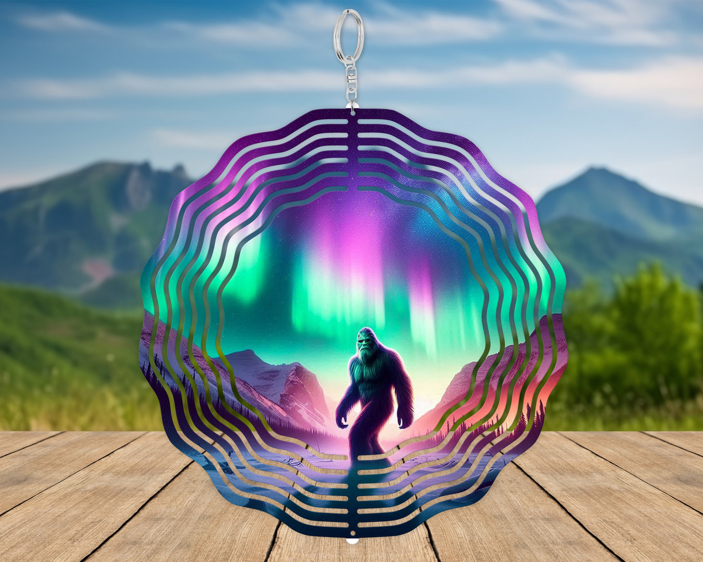 Sasquatch Wind Spinner - Northern Lights Design Perfect Gift for Bigfoot Enthusiasts Unique Hanging Porch Decor  Yard Art