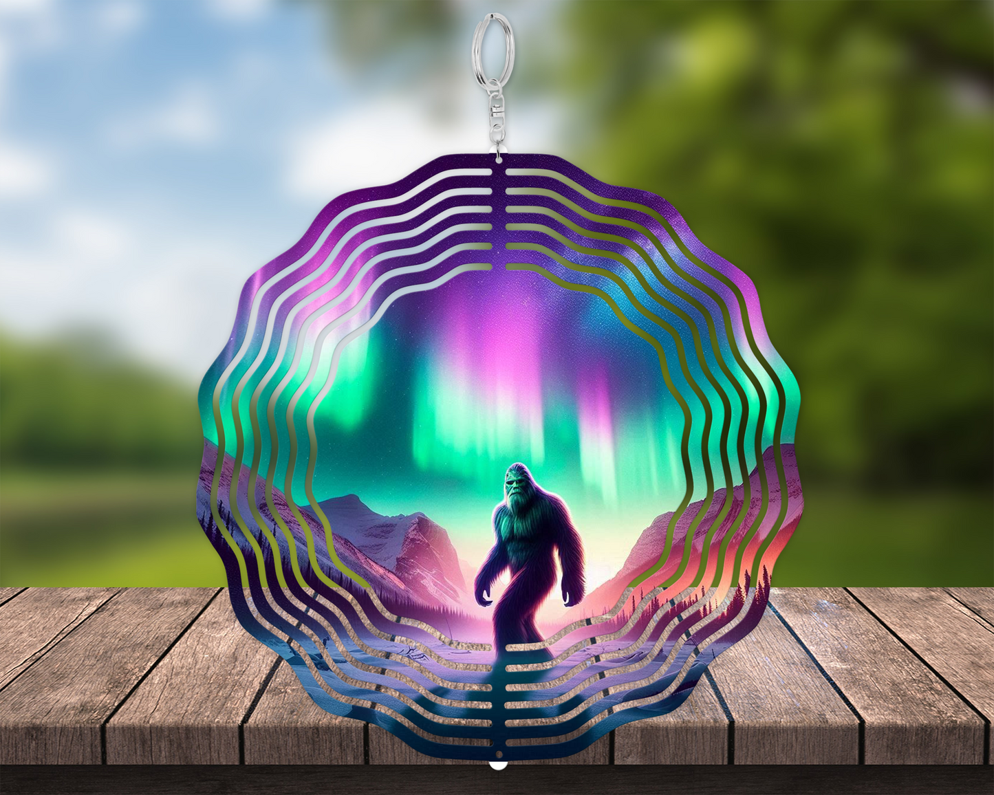 Sasquatch Wind Spinner - Northern Lights Design Perfect Gift for Bigfoot Enthusiasts Unique Hanging Porch Decor  Yard Art