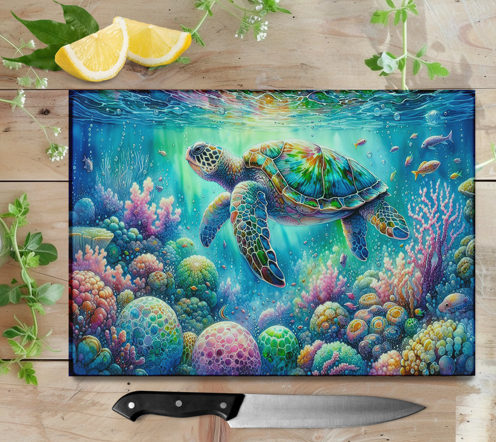 Sea Turtle Glass Cutting Board, Ocean Lover Gift, Wedding Engagement Gift
